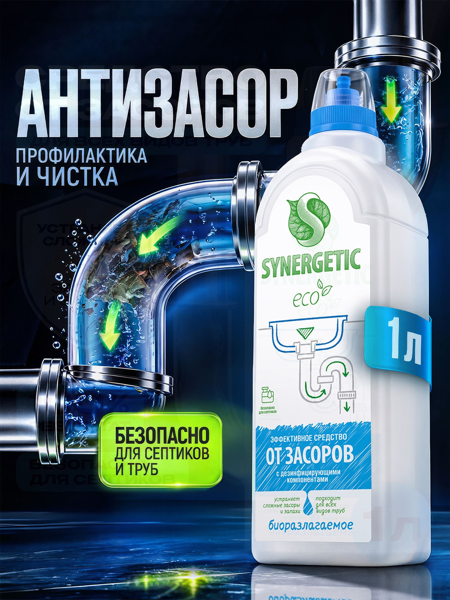 Средство от засоров труб SYNERGETIC 1л