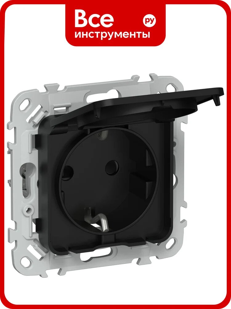Розетка IEK FLITE с заземляющим контактом, шторками и крышкой, б/к 16А IP44 РСшкр11-1-44-ФлЧ черный FI-R16-16-1-44-K02