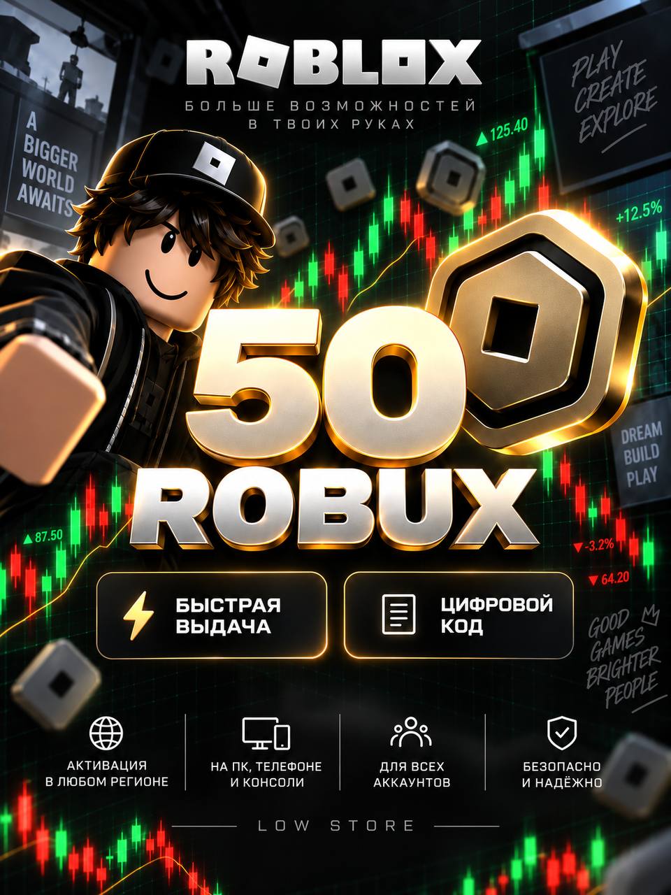 Roblox 50 Robux — Global, цифровой код пополнения игрового баланса