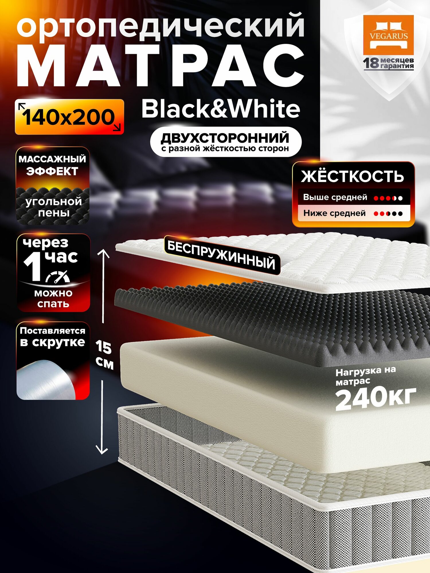 Матрас 13.4 Black and White 200*140 беспружинный