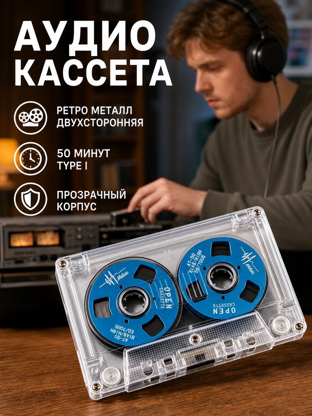 OPEN CASSETTE Аудиокассета AT-50, 50 минут, с металлическими катушками, прозрачный корпус, голубой