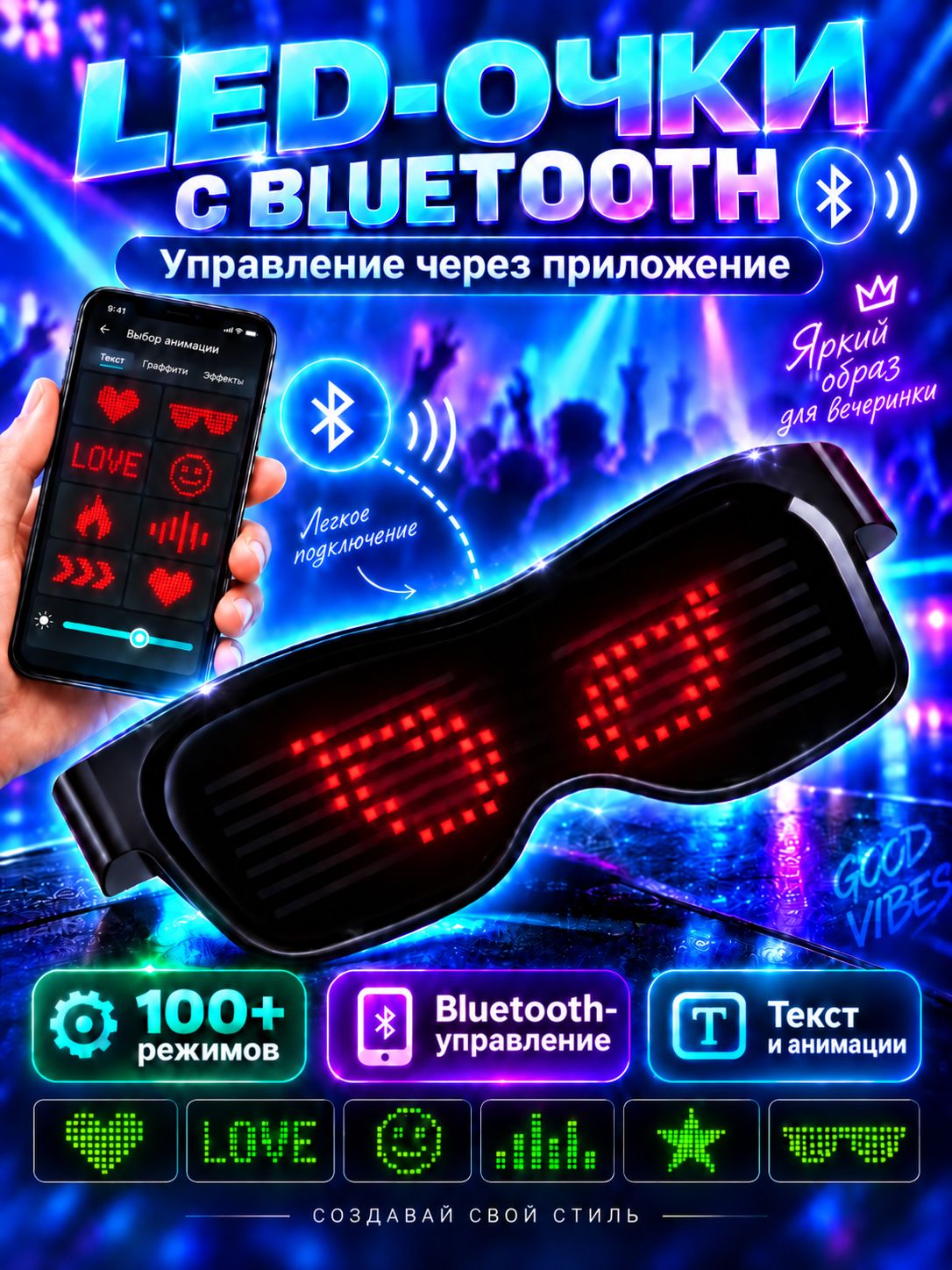 Светодиодные очки с Bluetooth, LED-очки с управлением через приложение, 100+ режимов, USB-зарядка, для вечеринок и карнавала