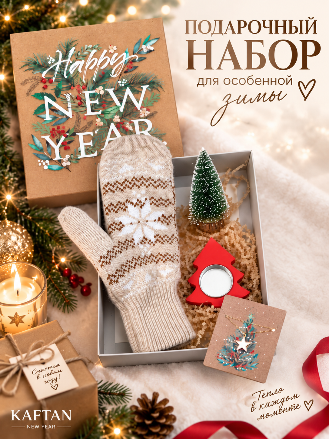 Набор подарочный новогодний женский KAFTAN New Year: варежки размер 19, подвеска, декор, подсвечник