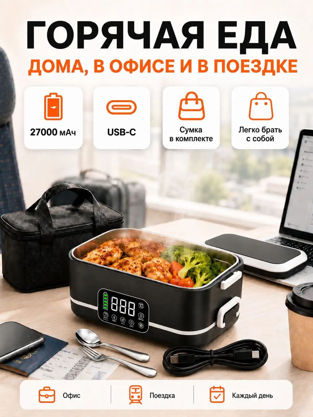 Ланчбокс с подогревом на аккумуляторе 1500 мл, 27000 мАч USBC, беспроводной контейнер из нержавеющей стали, для горячей еды, сумка и приборы в комплекте