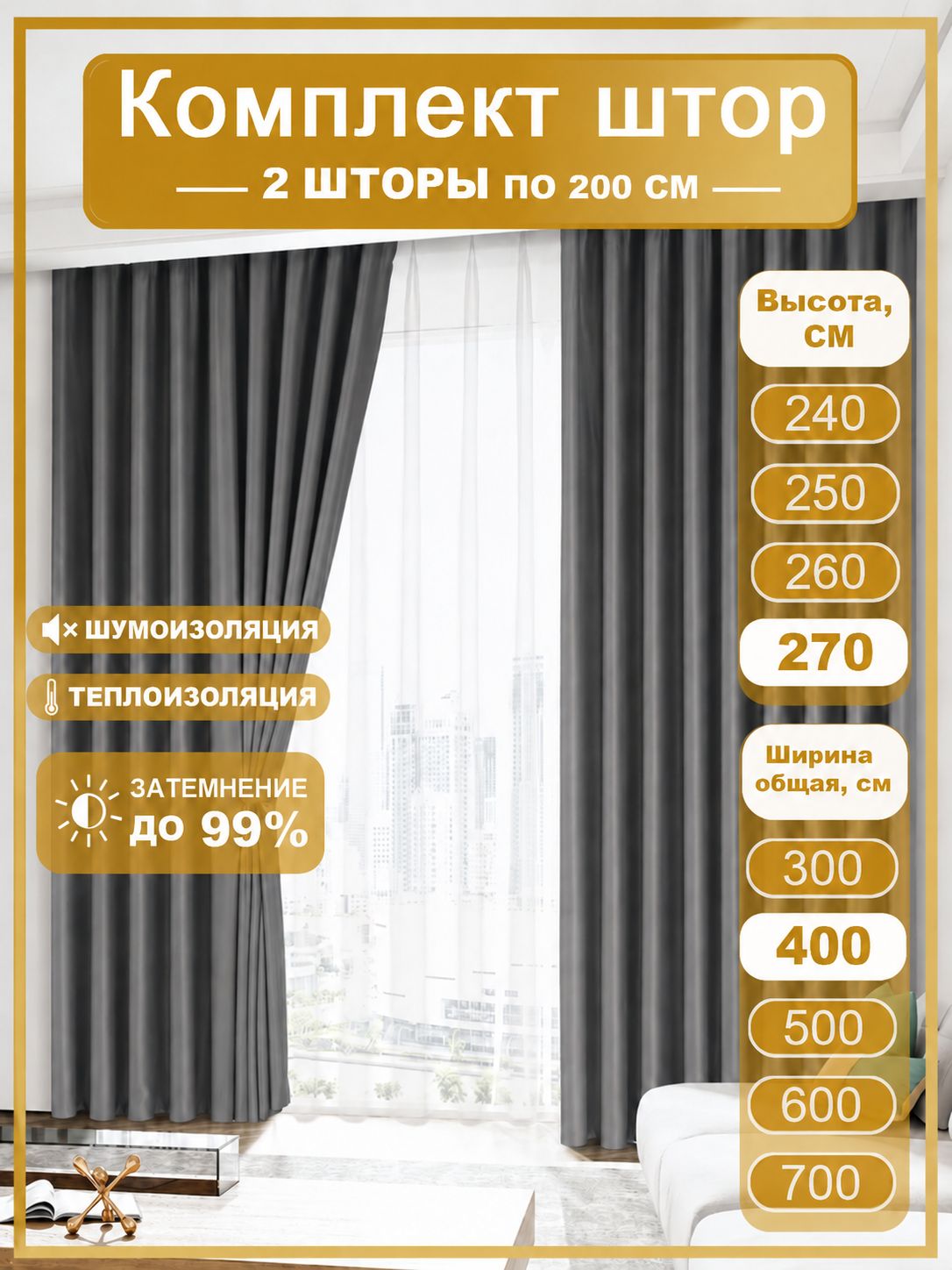 Комплект штор Блэкаут 400х270см, темно-серый, шторывспальню, шторы_для_комнаты, Мягкий Свет