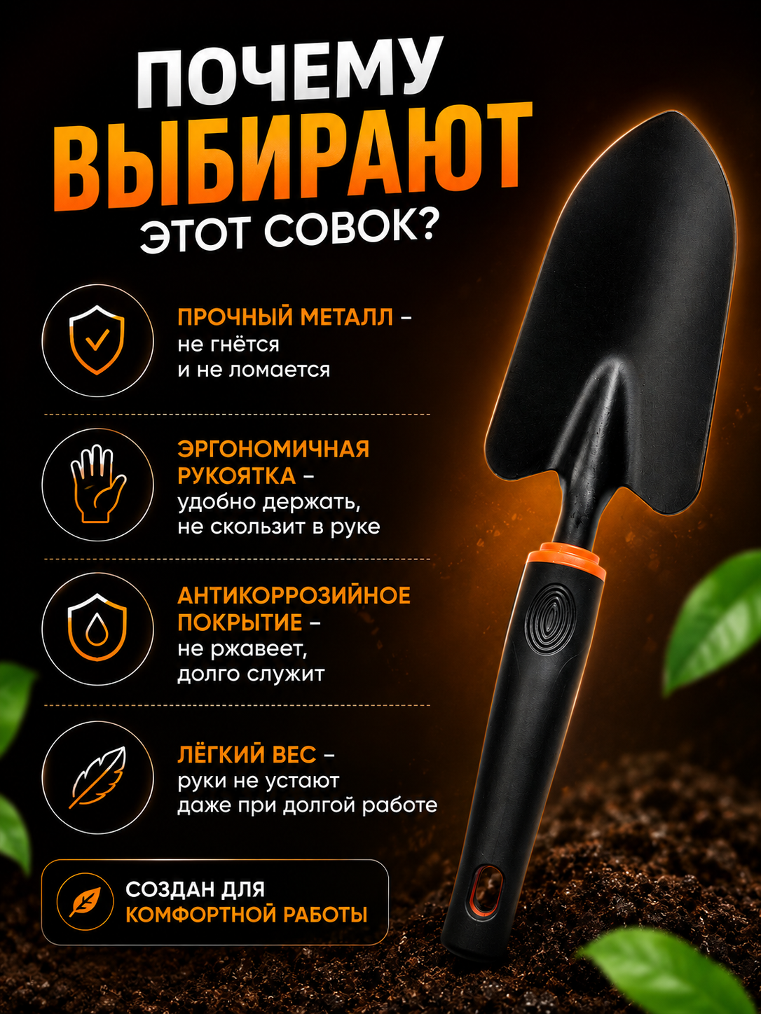 Садовый совок лопатка металлическая 32 см , для посадки и пересадки — фото 1