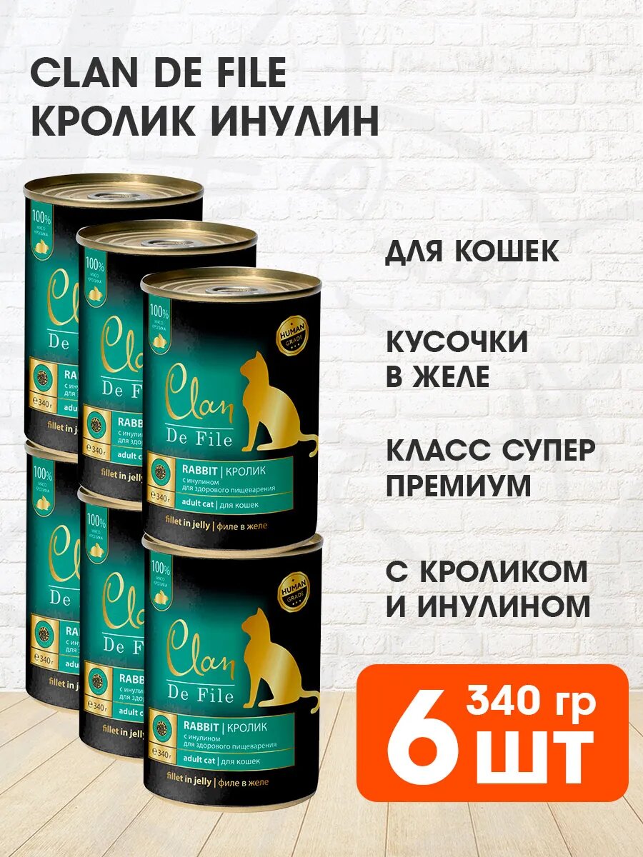 Корм влажный Clan De File монобелковые для взрослых кошек, кролик и инулин, 340 г 6 шт