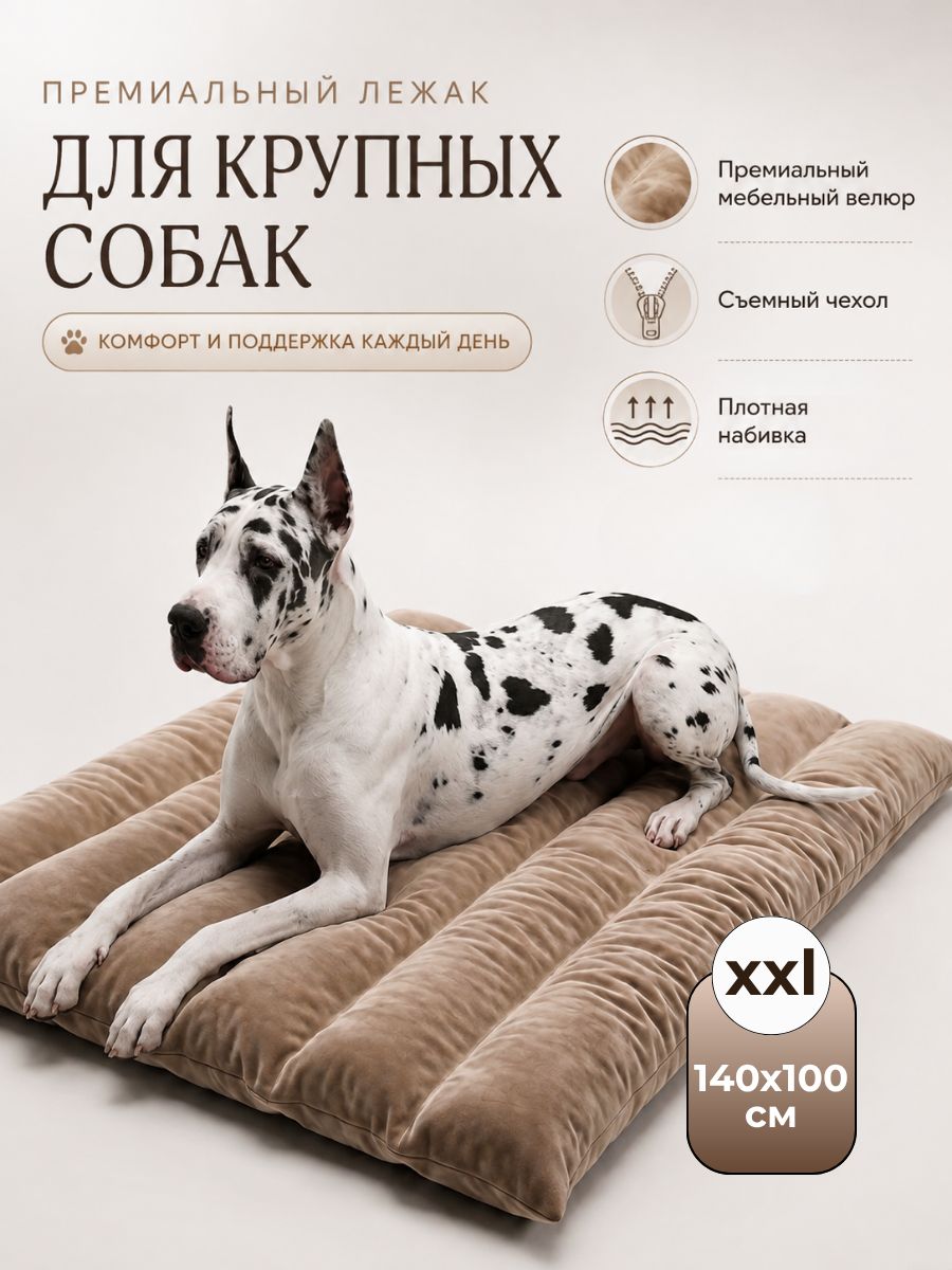Лежанка для собак крупных пород 140x100 см со съемным чехлом, антивандальный мебельный велюр