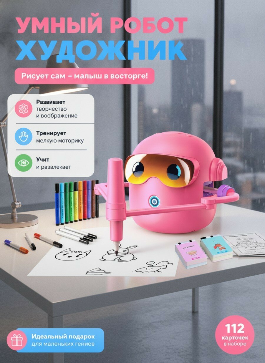Роботрисовальщик обучающая игрушка для детей от 3 лет розовый, с музыкальным сопровождением, в комплекте карточки и маркеры