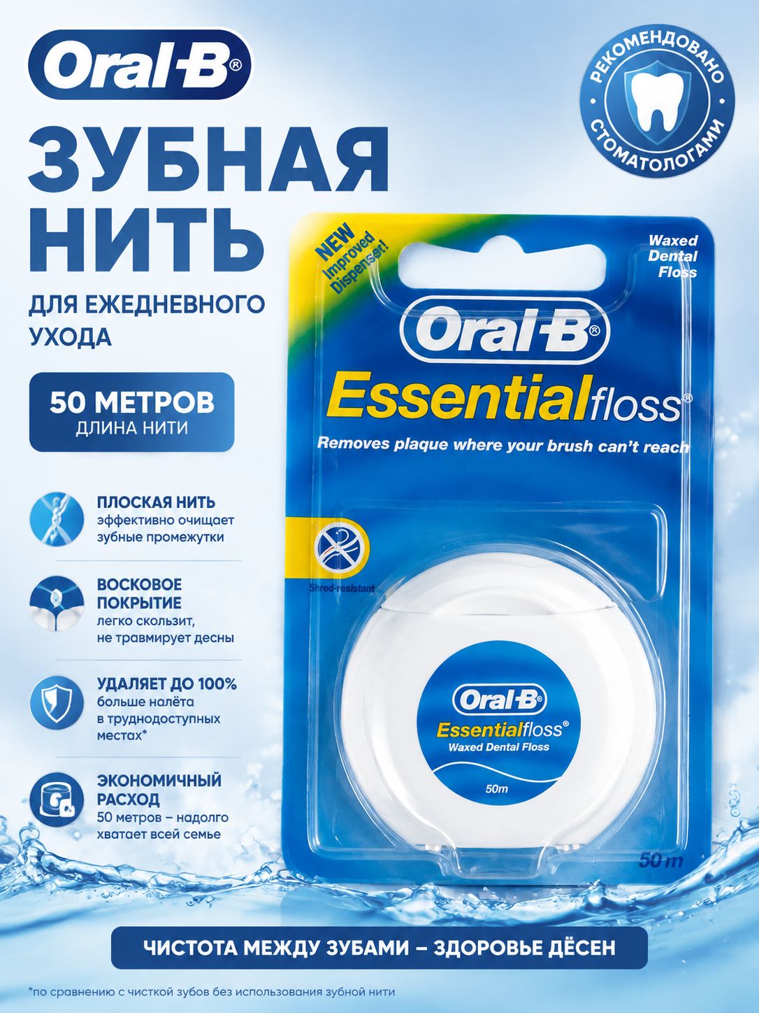 Зубная нить Oral-B вощеная тонкая безвкусный 50 метр, Артикул: 5361613591