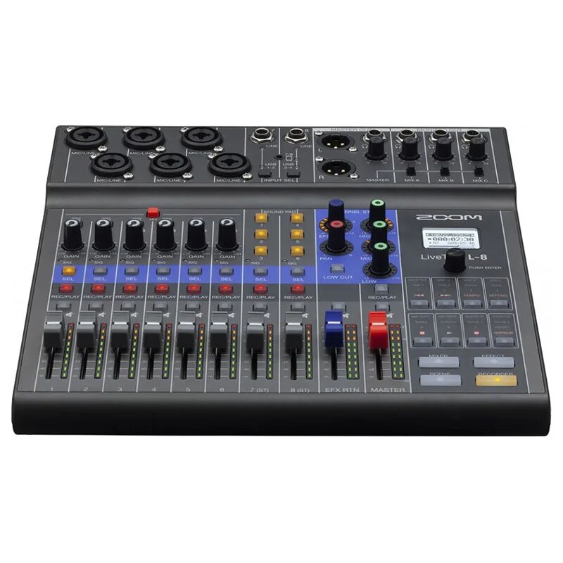ZOOM LiveTrak L-8 8-канальный микшер/рекордер для профессионального звучания подкастов и музыкальных выступлений, с функциями микширования, мониторинга и записи.