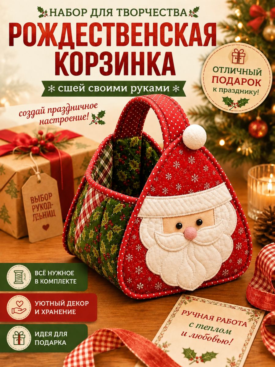 Набор для шитья новогодней корзинки, фетр, Дед Мороз, олень, пряничный, DIY