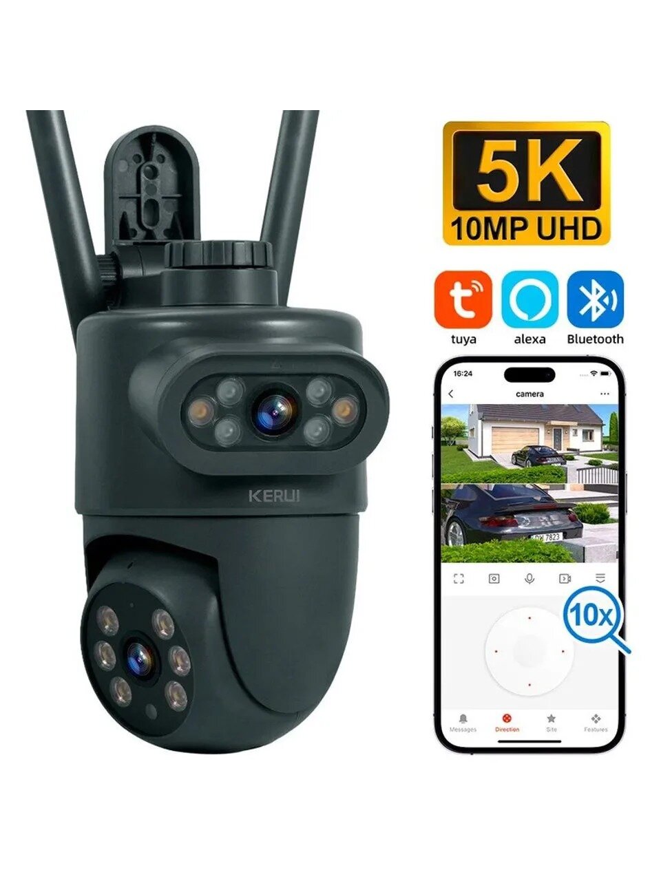 Наружная двухобъективная камера KERUI 10MP 5K HD PTZ CCTV домашняя камера безопасности с двусторонним обнаружением звука