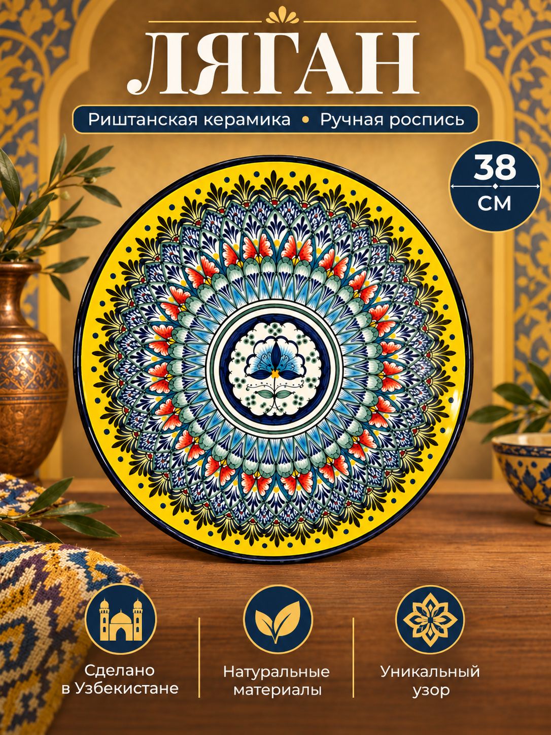 Блюдо Ляган, Узбекская посуда, Узбекская тарелка, Риштанская Керамика, 38 см, сепма желтый