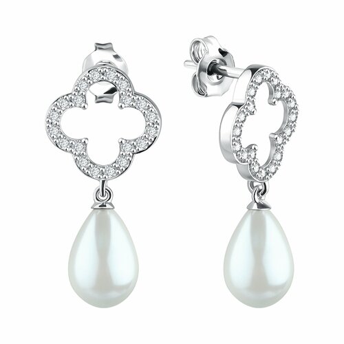 фото Серьги diamant online, серебро, 925 проба, родирование, жемчуг, фианит, длина 2.9 см, , белый