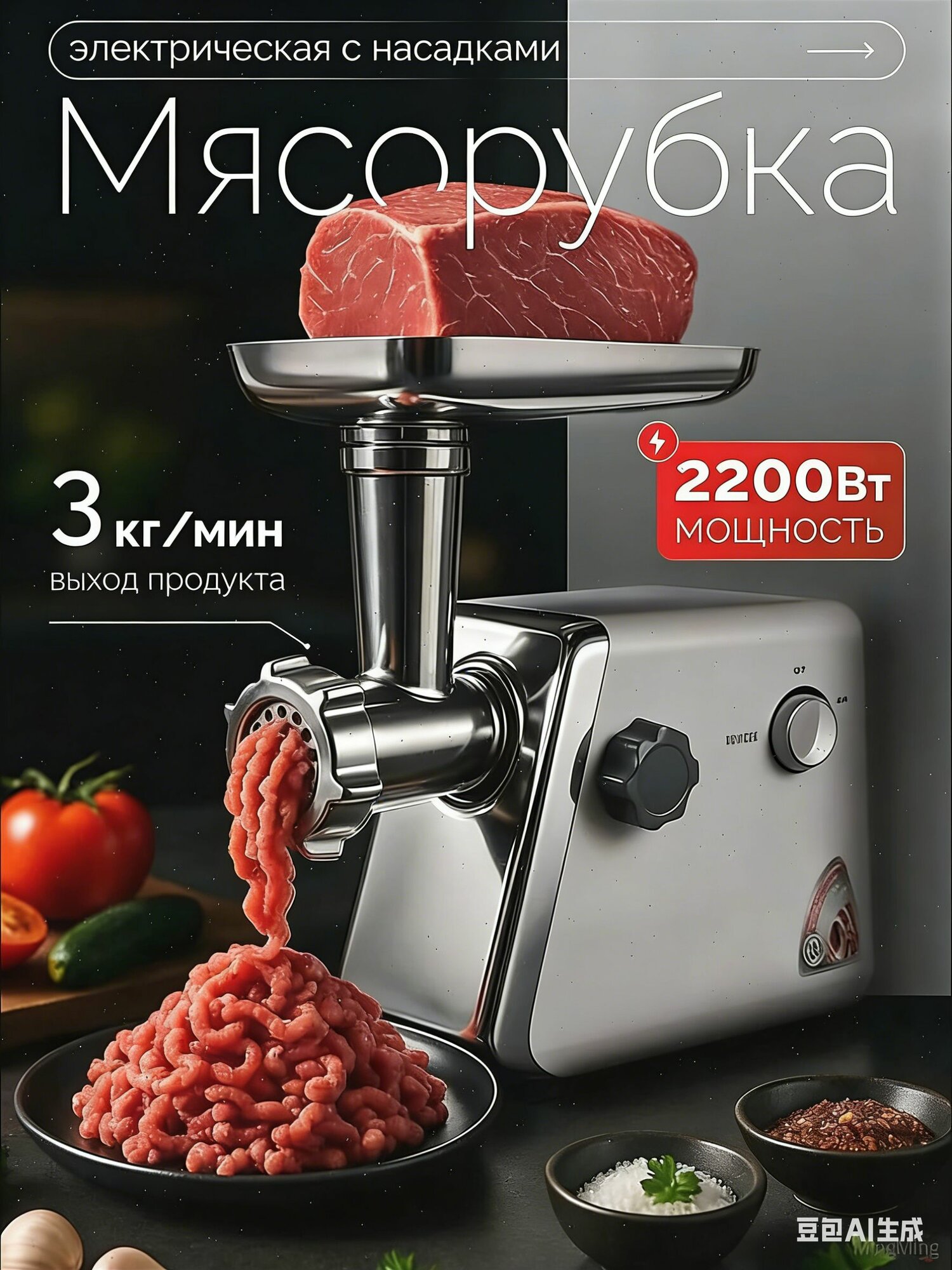 Электрическая мясорубка 2200 Вт с насадками для колбас и кеббе
