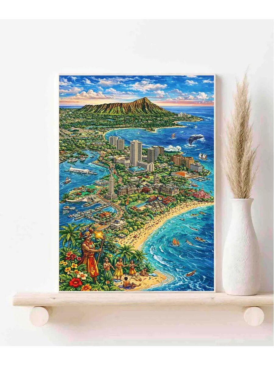 Гонолулу, США, Fantasy Map, Карта, Плакат 30x42см