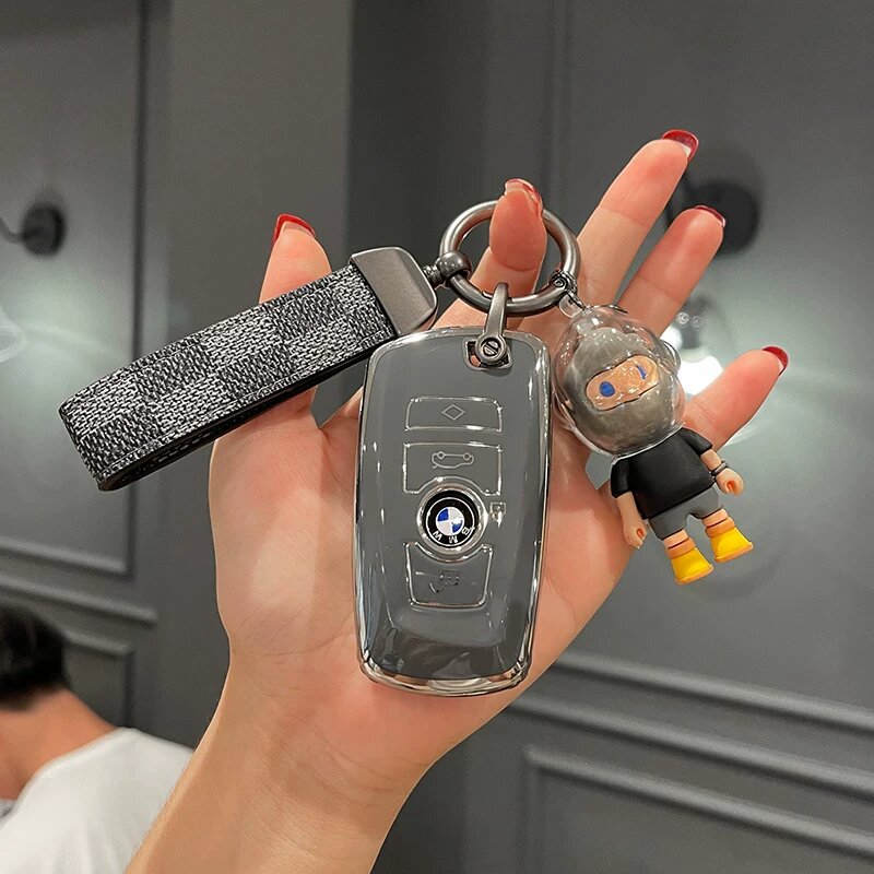 Премиум-ключевой чехол для BMW 5 Series 530 с черной клетчатой подкладкой - серый