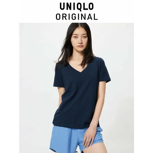 фото Футболка uniqlo slub cotton v-neck t-shirt, 1 шт., размер xl, темно-синий