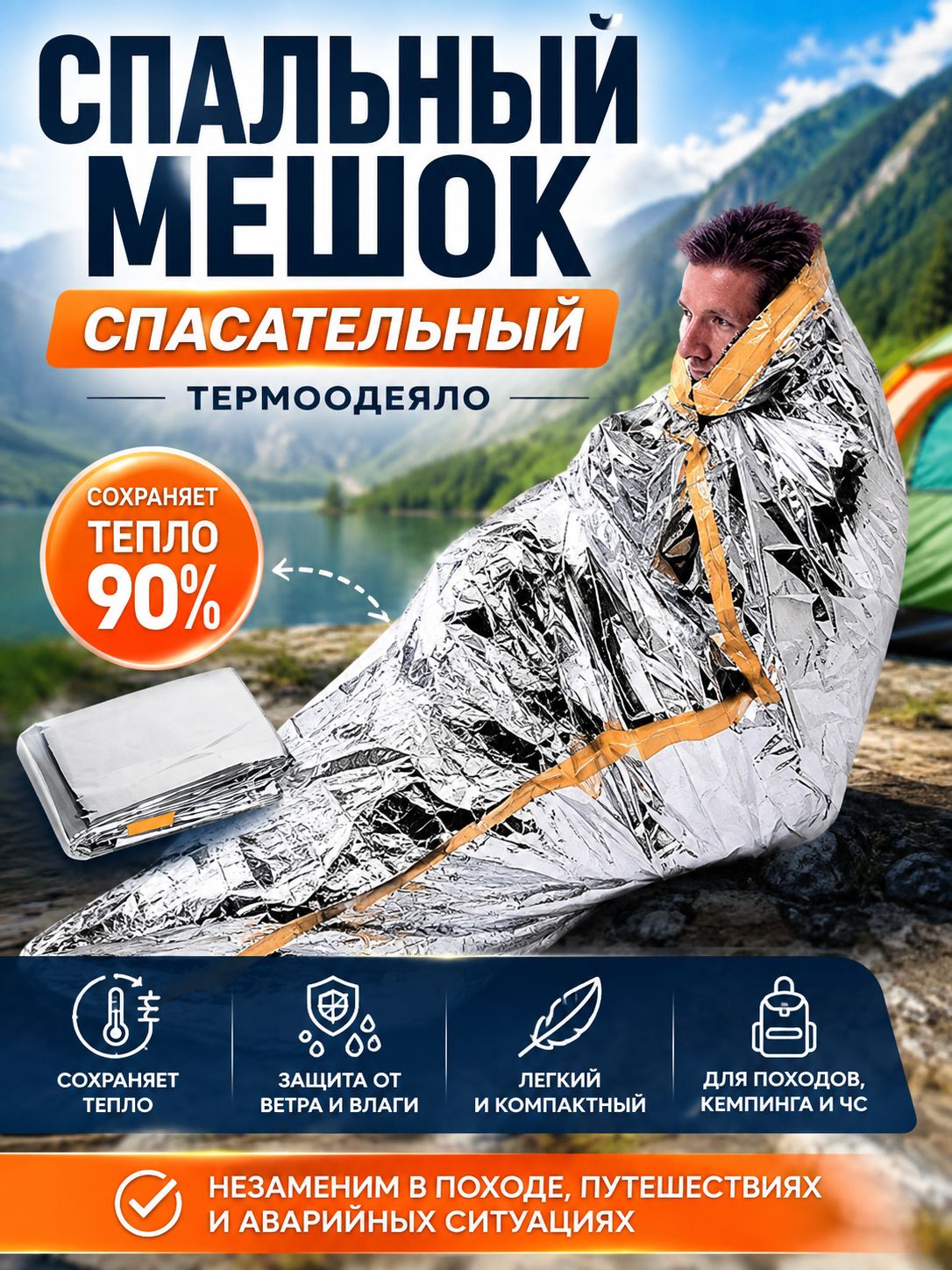 Термоодеяло двухстороннее, серебристо-золотое, спасательное, влагонепроницаемо, спасательное туристическое термоодеяло