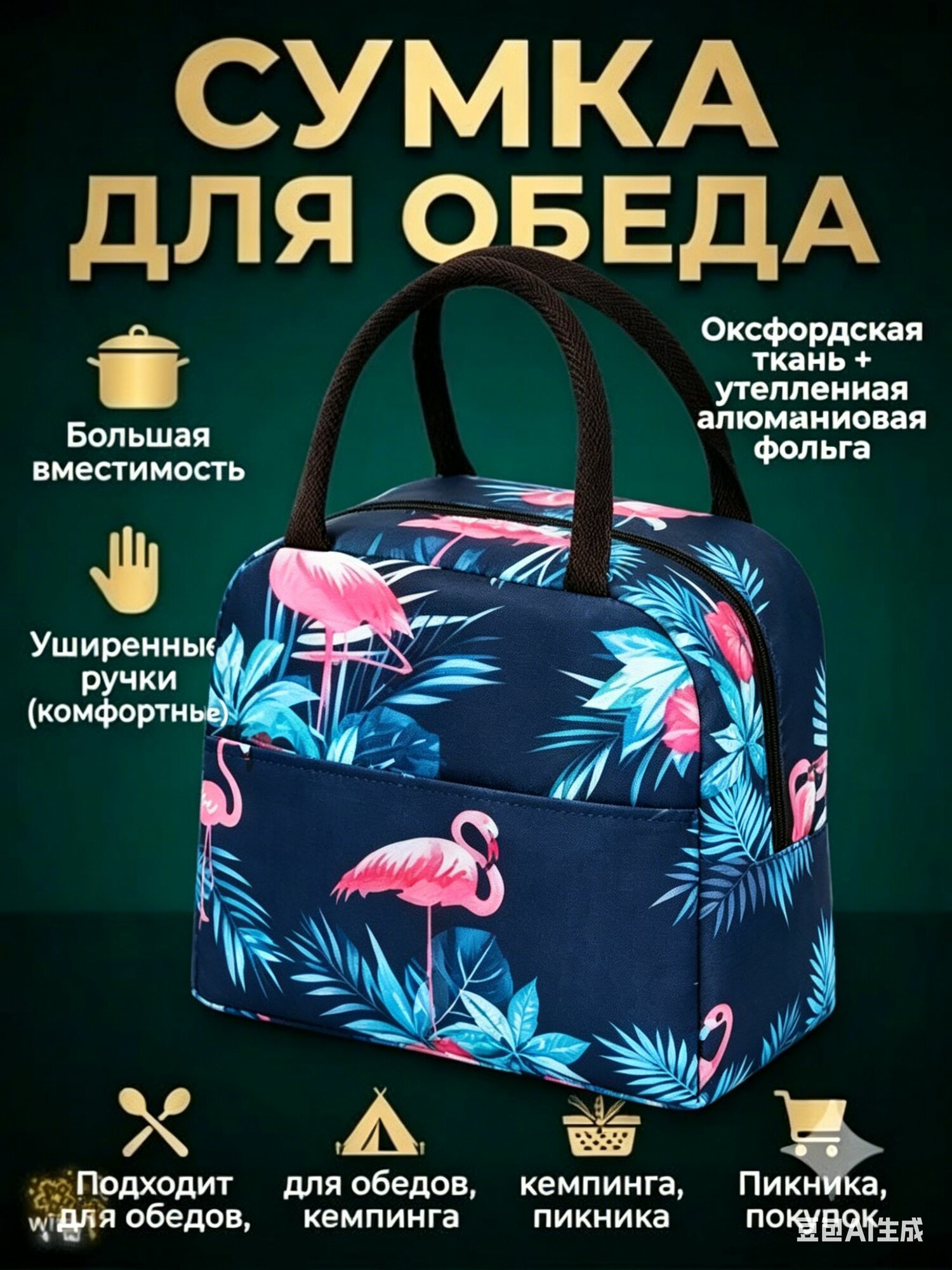 Фламинго Сумка для ланча из ткани Оксфорд большой емкости