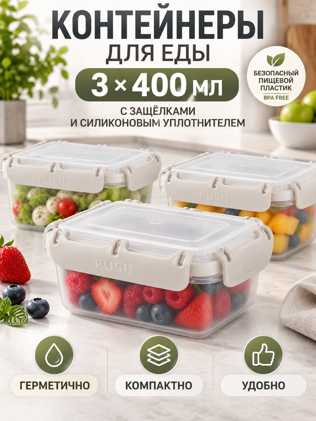 Контейнер для еды 0,4 литра, комплект 3 шт, 10,3х14,5х6 см, с защелками и силиконовой вставкой, герметичный