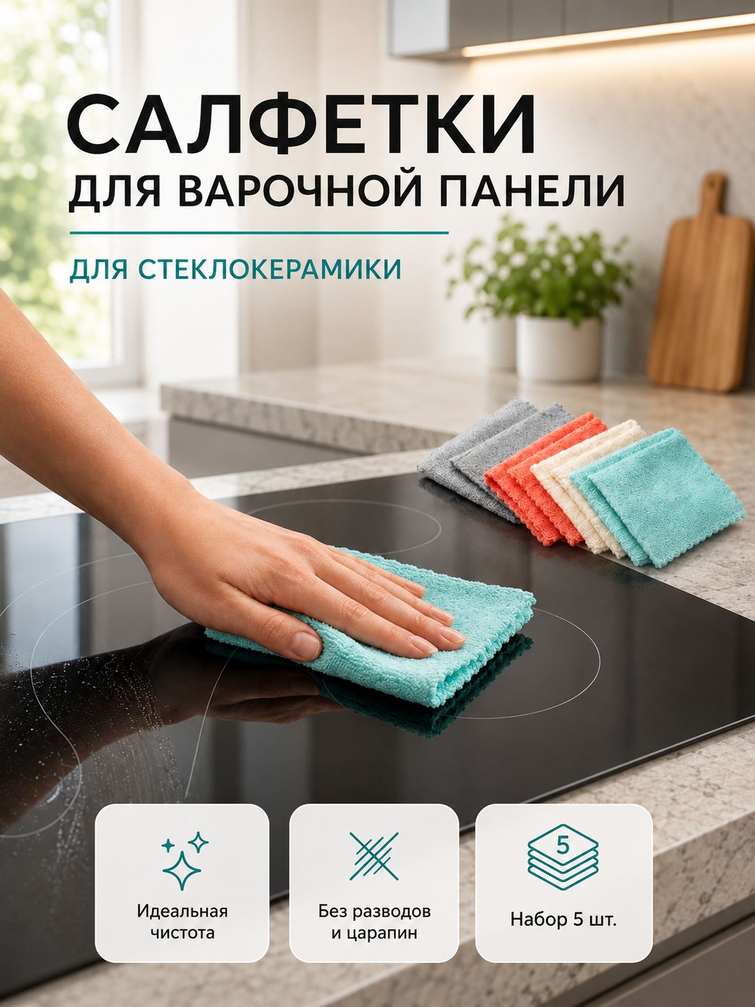 Салфетки для уборки, разноцветный, 30х30 см, 5 шт.