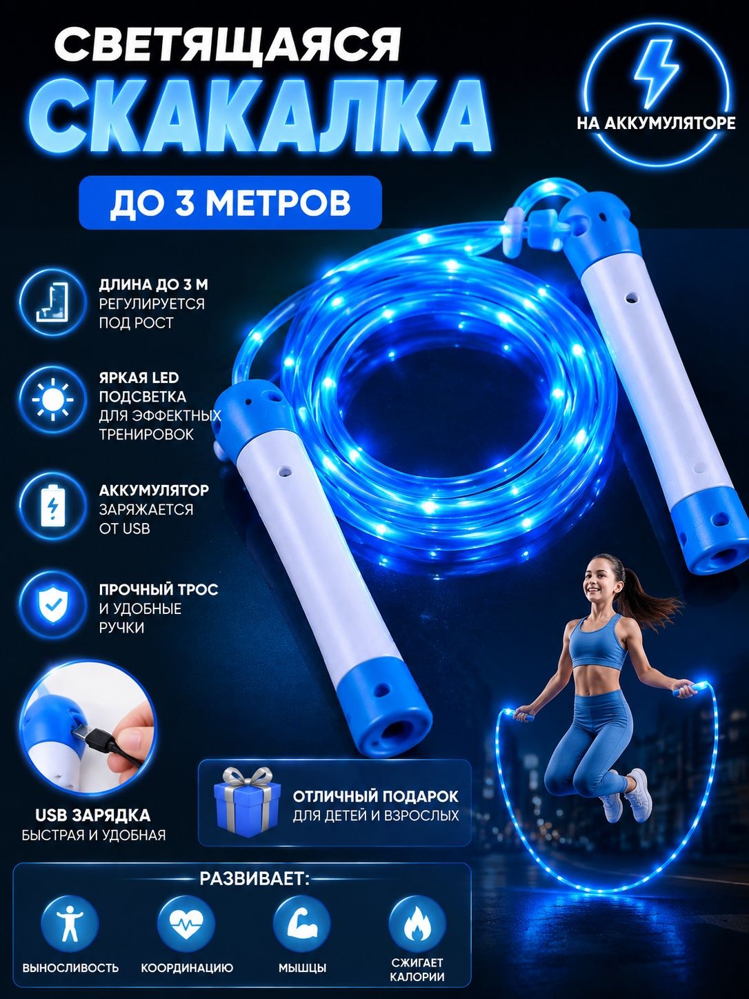 Скакалка светящаяся до 3м (TT004-2В) голубая