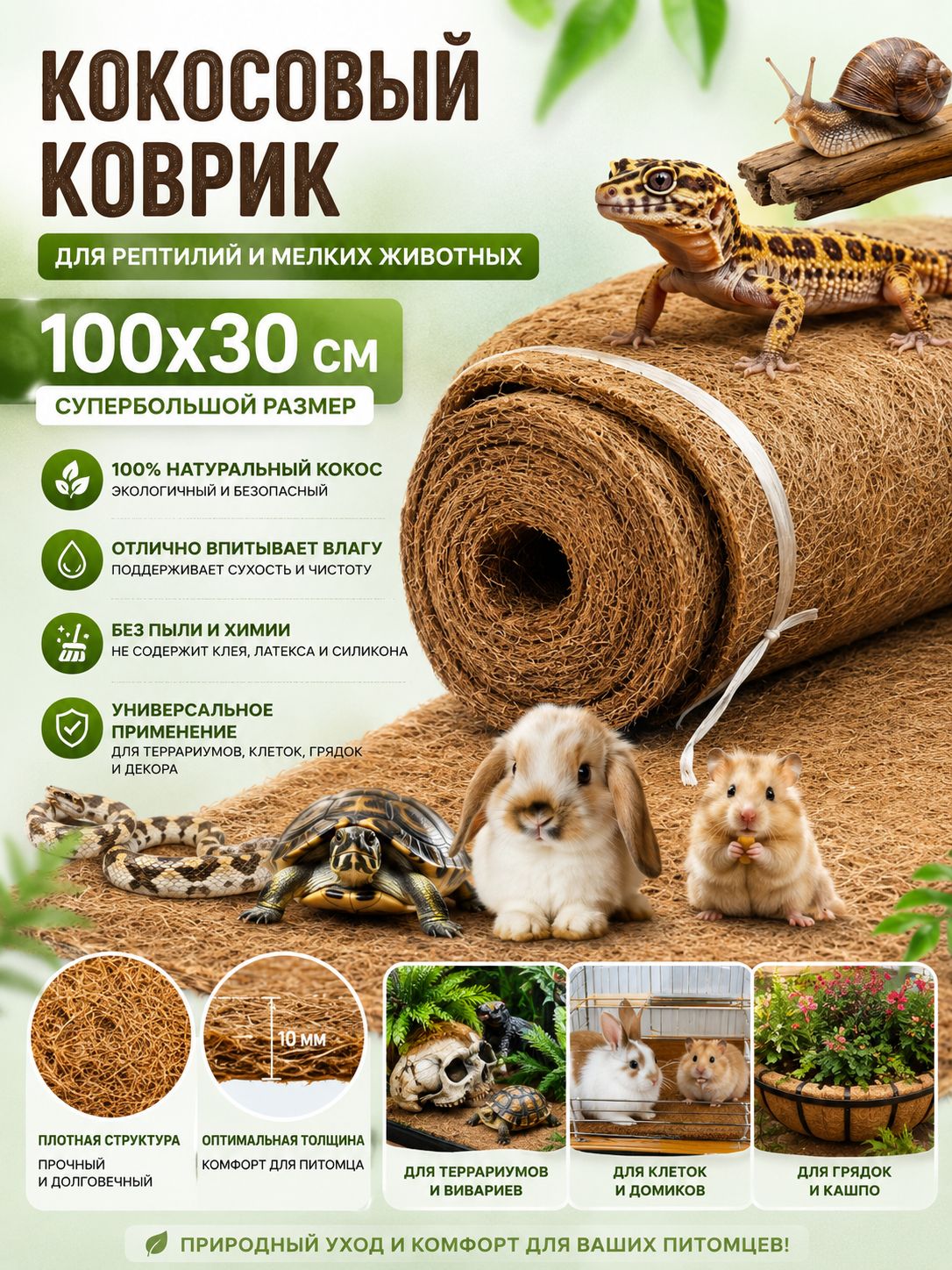 Кокосовый коврик для террариума 100*30cm