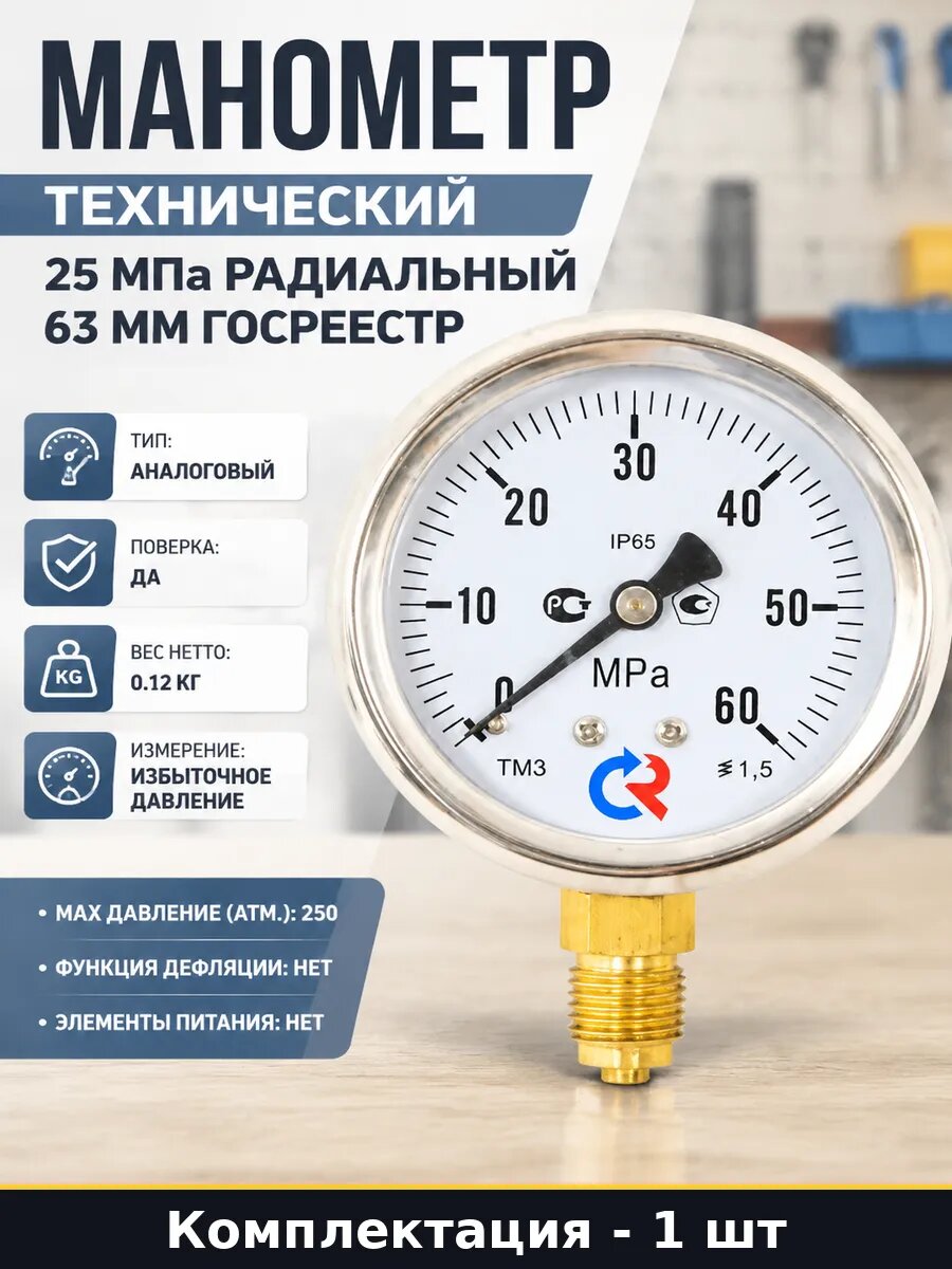 Манометр технический 25 МПа радиальный 63 мм Госреестр