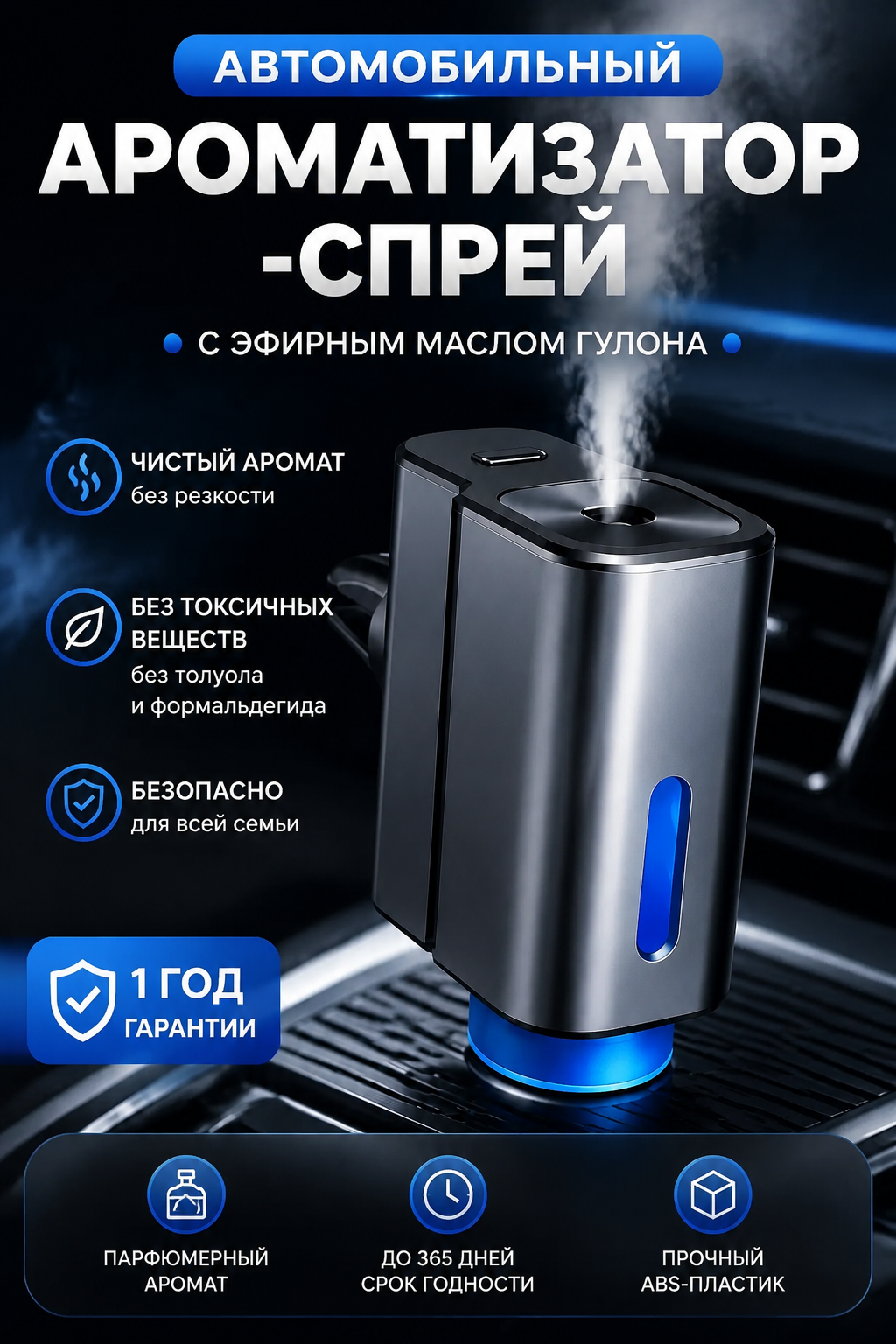 Автомобильный ароматизатор-спрей с эфирным маслом гулона, серый, ABS-пластик, без токсичных веществ