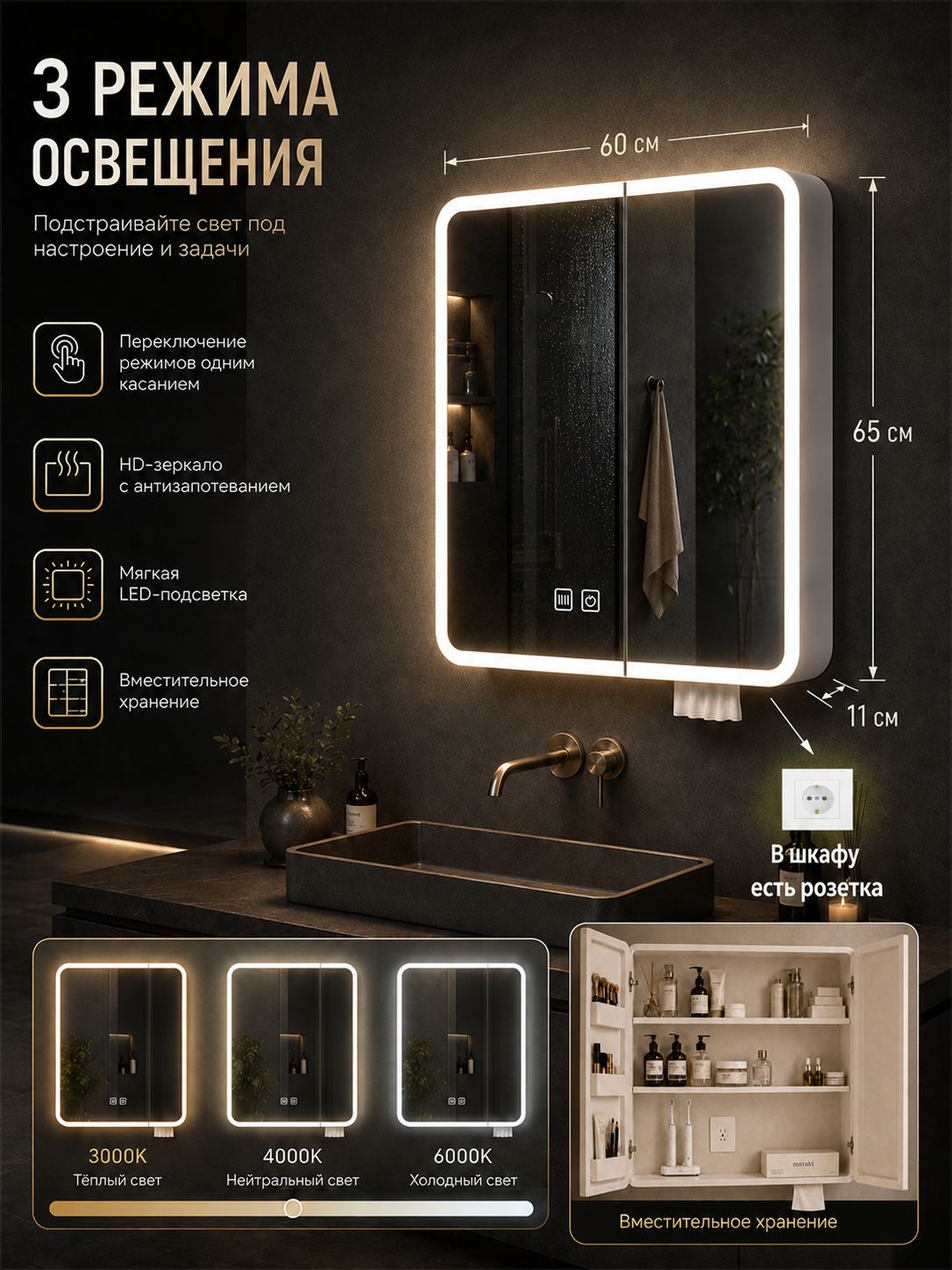 Шкаф для ванной, 60х11х65 см, Универсальный