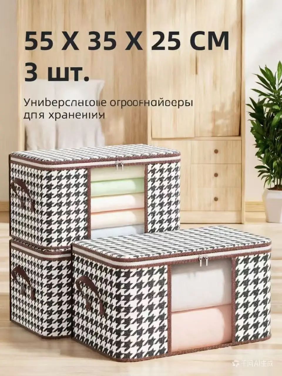 Органайзер для белья, одежды 55x35x25 см 3 шт нетканое волокно белый