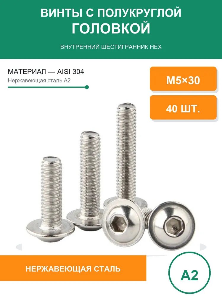 Винт M5 x 5 x 30 мм, головка: Полукруглая, 40 шт. 209 г
