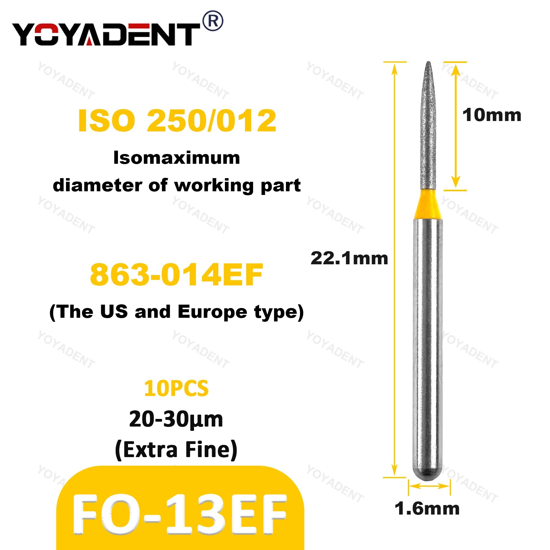 Стоматологические алмазные боры YOYADENT FO тип 1,6 мм 10 шт. FO-13EF