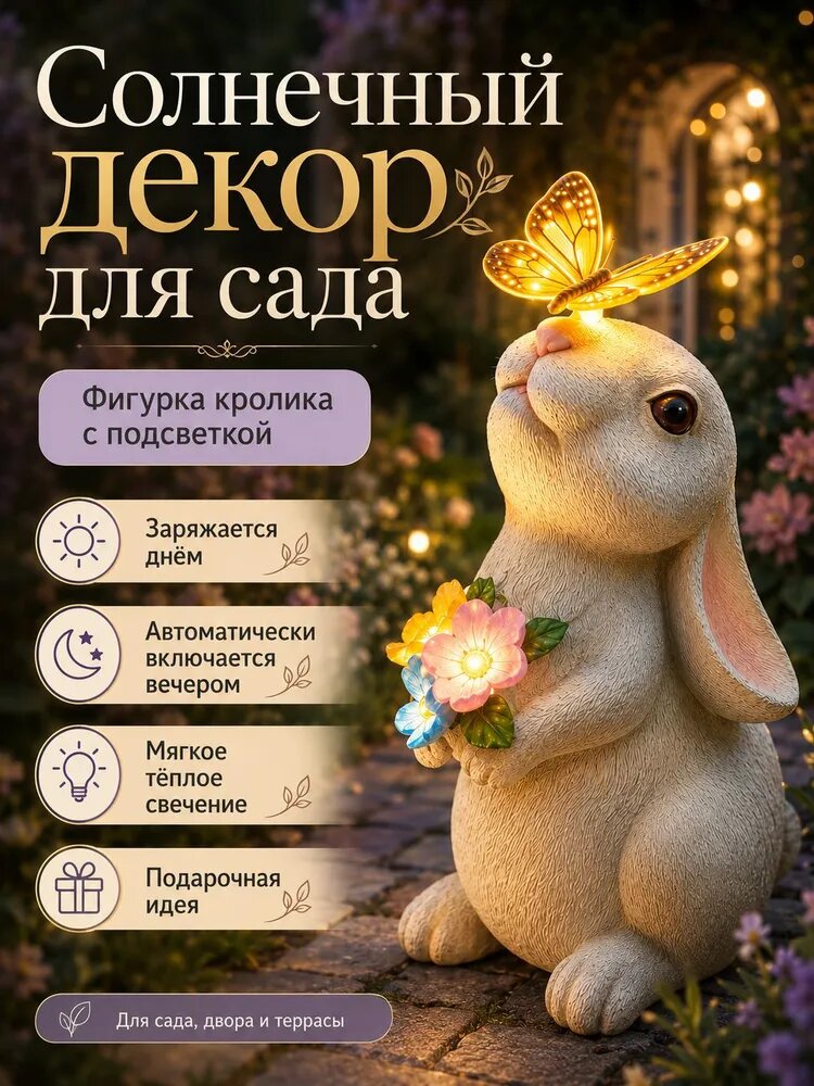 Садовая фигурка кролика с солнечной подсветкой IP65, декоративная статуэтка для сада, двора, дачи и террасы, подарок