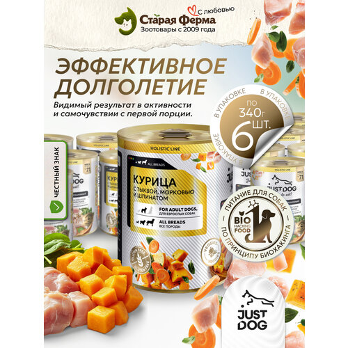 фото Влажный корм для собак just dog holistic, с курицей, тыквой, морковью и шпинатом 340 г х 6 шт. (консервы)