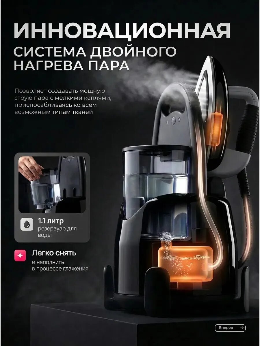 Парогенератор Laurastar LIFT+ Black, 2200 Вт, 3.5 бар, 1.1 литра, вертикальное отпаривание — фото 1