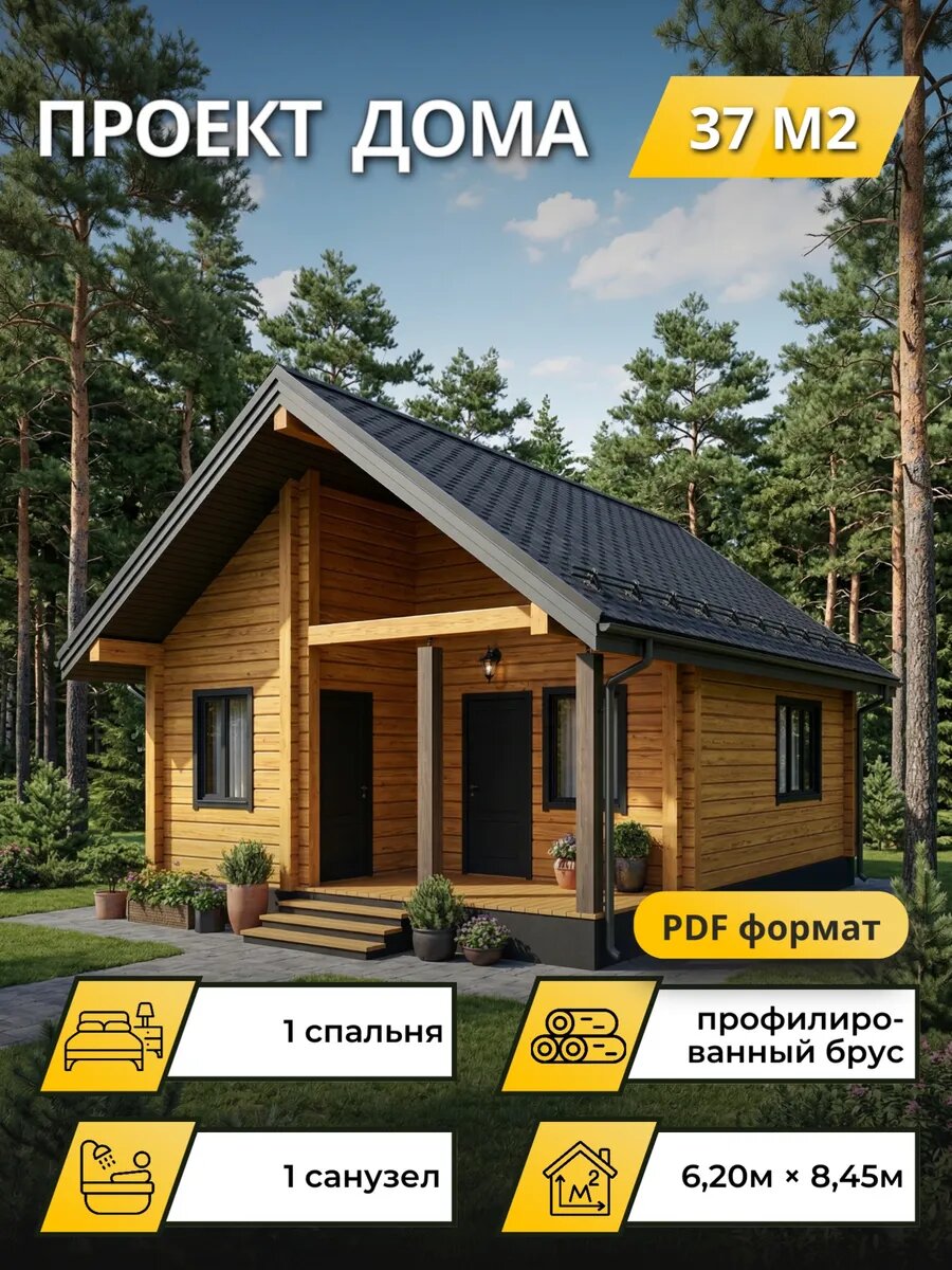 Проект одноэтажного дома из профилированного бруса 37 м², электронная версия с комплектом чертежей в PDF