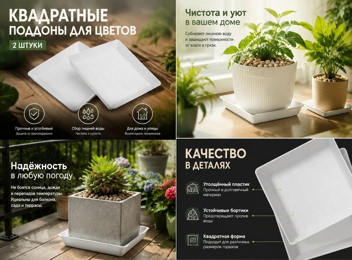 Декоративная основа для суккулентов, защищает поверхность балкона, объем 30x30x4.3 см, две единицы