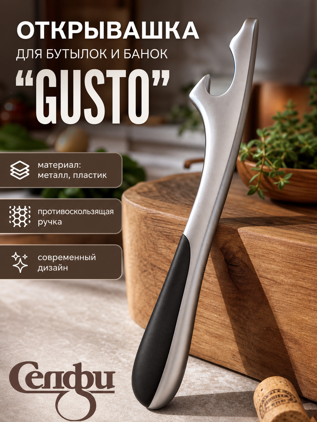 Открывалка для бутылок «GUSTO», металлическая, с черной рукояткой, удобная