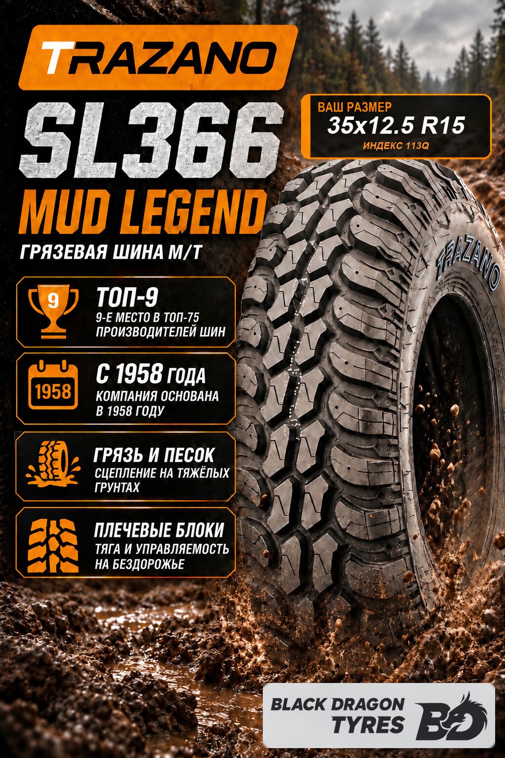 Всесезонные шины Trazano SL366 35/12.5 R15 113Q 6PR LT , для внедорожника