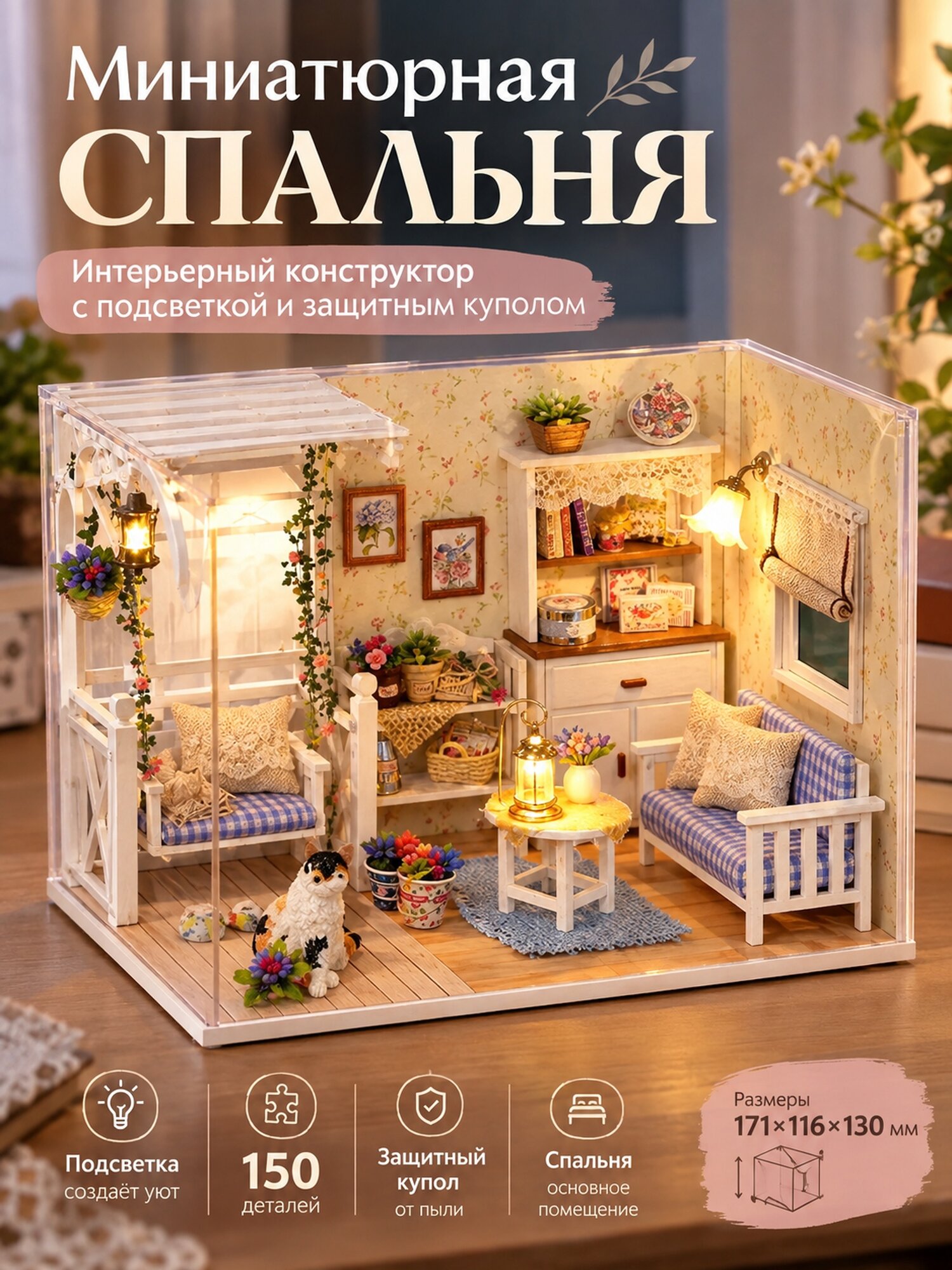 Интерьерный конструктор «Миниатюрная спальня» с подсветкой и защитным куполом, 150 деталей