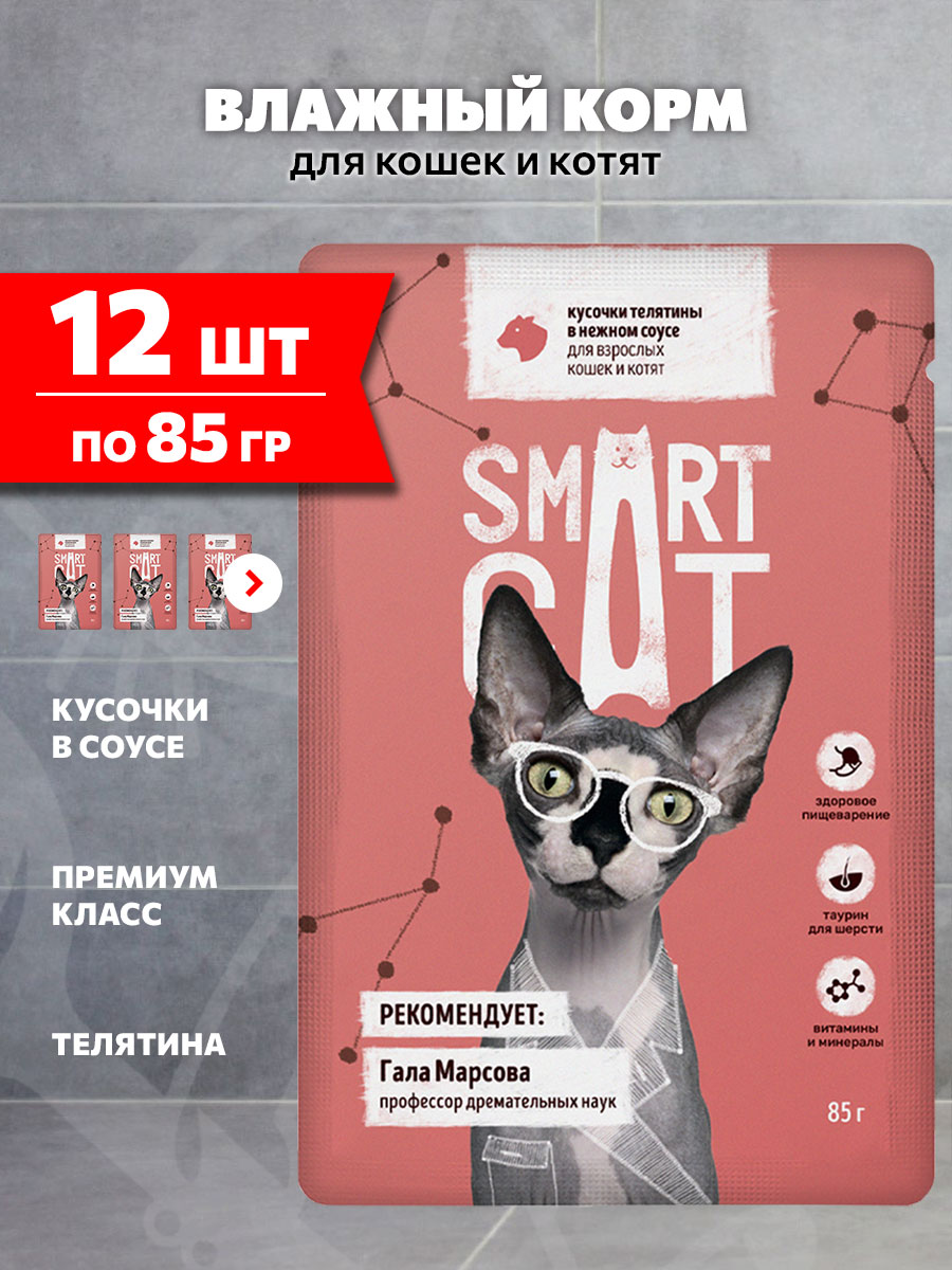 Корм влажный Smart Cat для кошек и котят, кусочки, телятина в соусе, 85 г 12 шт