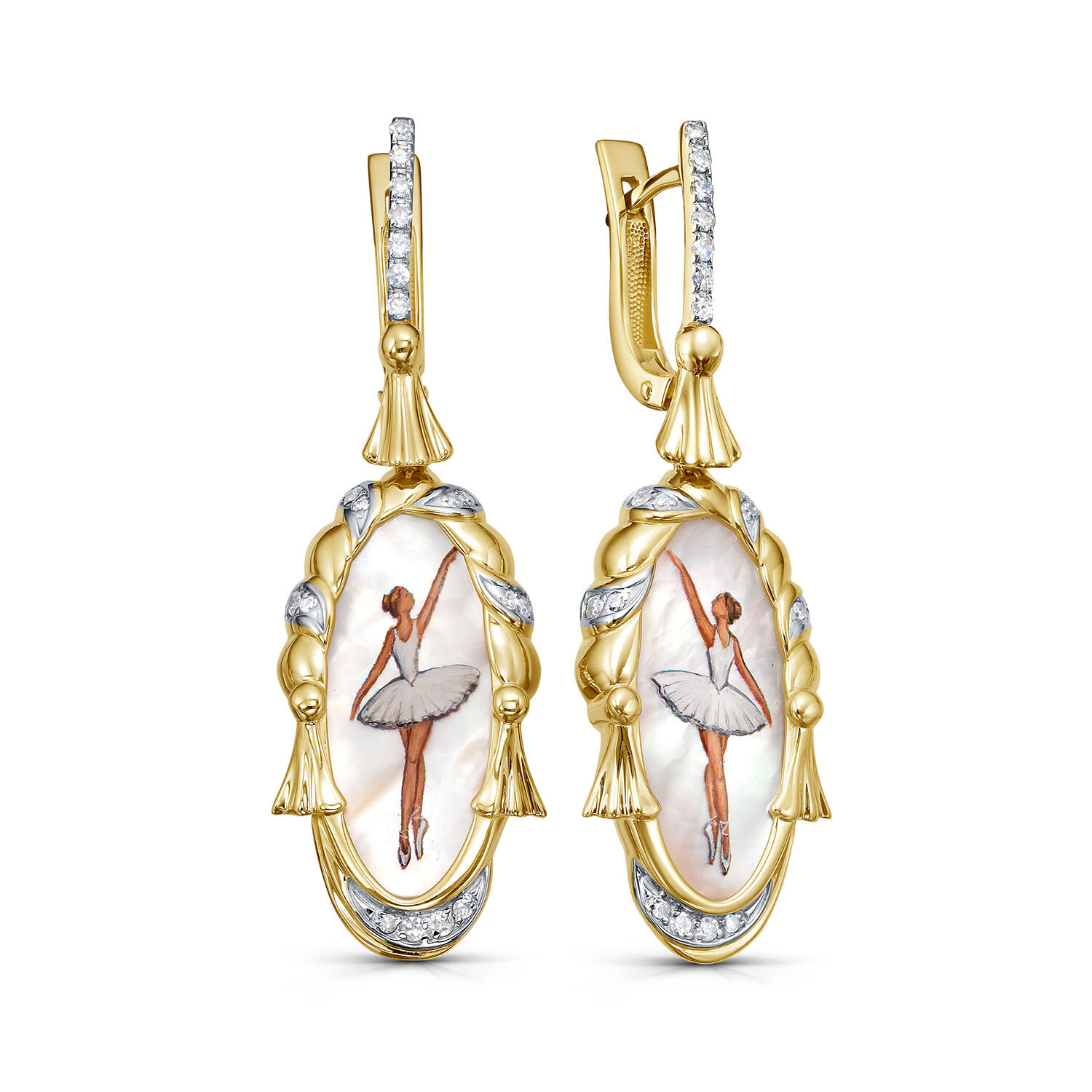 Серьги JEWELIN, желтое золото, 585 проба, перламутр, бриллиант