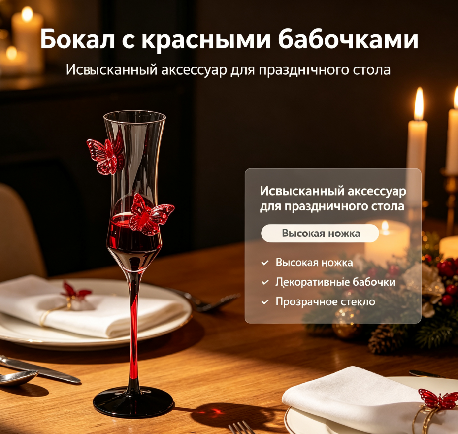 Бокал для шампанского с объемной красной бабочкой, бокал для вина из стекла, роскошный дизайн, для свадьбы