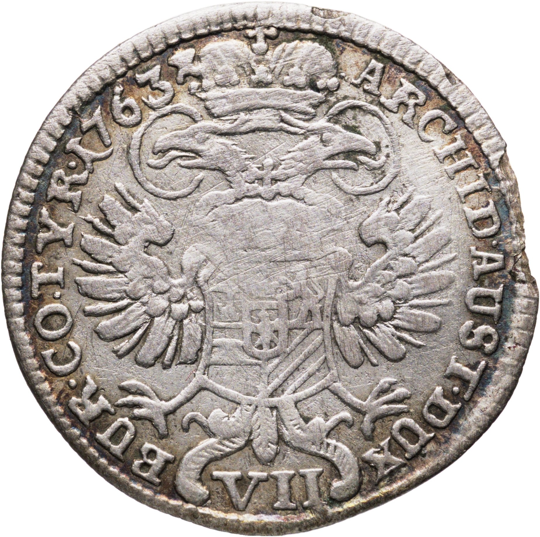 Австрия, Тироль 7 крейцеров 1763, Серебро 250, в сохранности VF