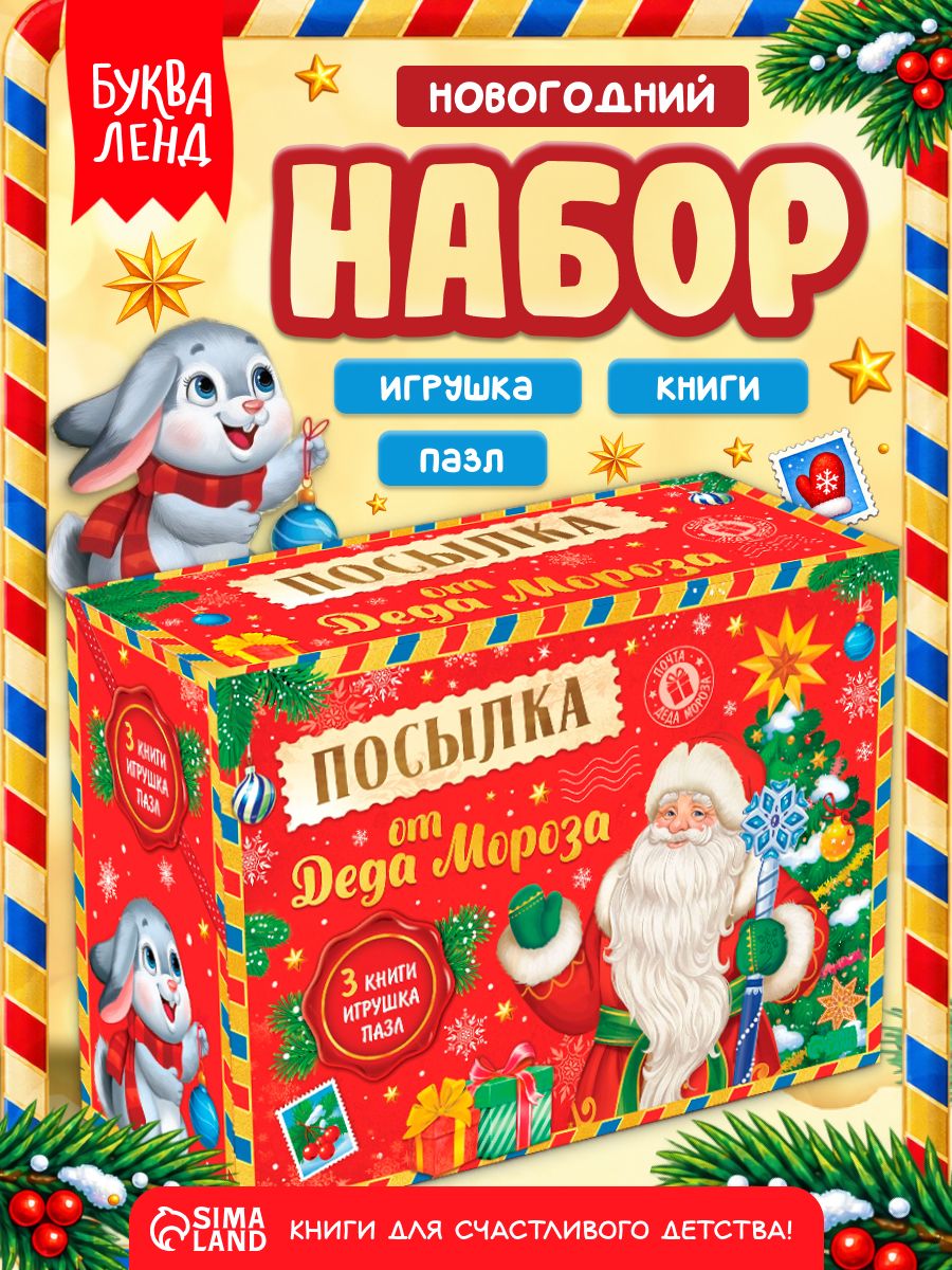 Новогодний подарок для детей, 3 в 1, "Посылка от Деда Мороза", книжки, игрушка, пазл