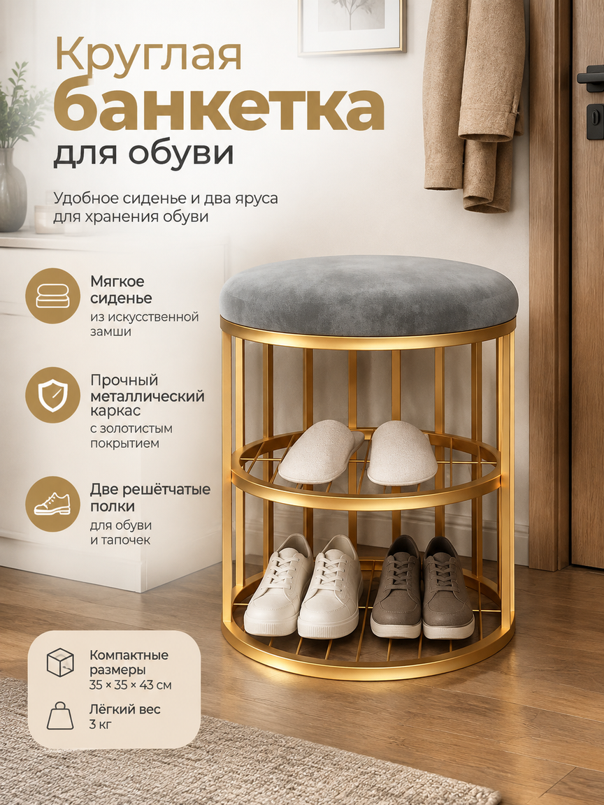 Круглая золотая скамья-банкетка с двумя полками для обуви и мягким сиденьем в прихожую или коридор