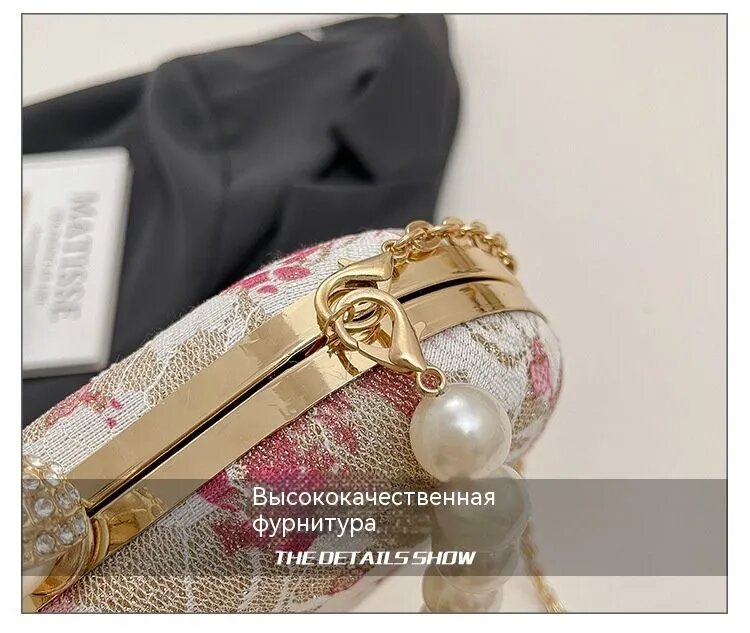 Сумка женская клатч с жемчужной отделкой и цветочным принтом — фото 1